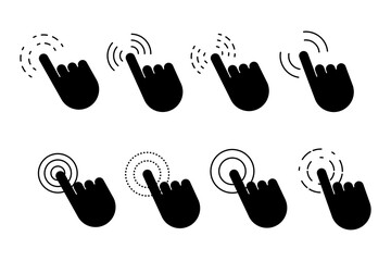 Fototapeta premium Black finger cursor set. Click here web button sign. Hand click icon. Vector mouse pointer symbol. Stock image. EPS 10.