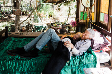 Grandmother, granddaughter and dog