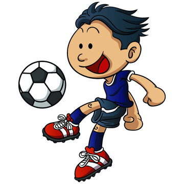 Boy playing a soccer game. Kid attacking swinging leg to kickball to hit. Child in football uniform having fun and smiling. Flat vector character illustration