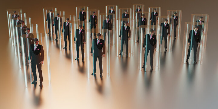 Repeating businessmen in glass cylinders