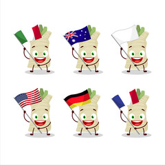 Horseradish cartoon character bring the flags of various countries