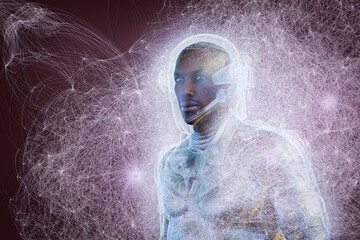 Astronaut with graphical overlay pattern and futuristic transparent space suit