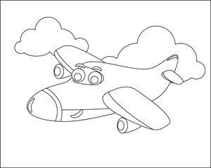 Funny cute airplane is flying in the sky. Cartoon isolated vector illustration, Creative vector Childish design for kids activity colouring book or page.