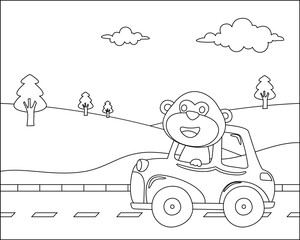 Obraz na płótnie Canvas Vector cartoon of funny monkey driving car in the road with village landscape. Cartoon isolated vector illustration, Creative vector Childish design for kids activity colouring book or page.