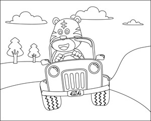 Fototapeta premium Cute tiger cartoon having fun driving a off road car in mountain on sunny day. Cartoon isolated vector illustration, Creative vector Childish design for kids activity colouring book or page.