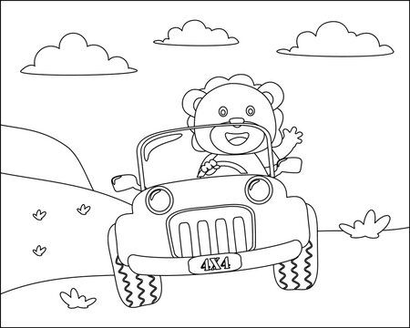 Cute Lion Cartoon Having Fun Driving A Off Road Car In Mountain On Sunny Day. Cartoon Isolated Vector Illustration, Creative Vector Childish Design For Kids Activity Colouring Book Or Page.