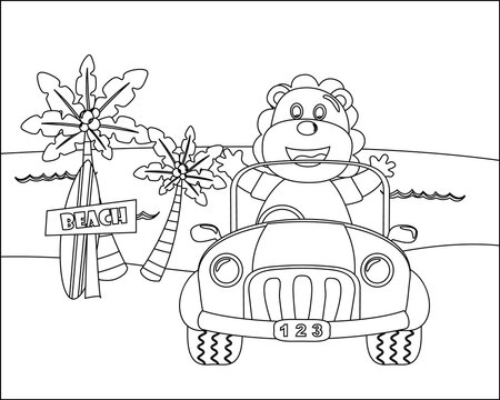 Cute lion cartoon having fun driving a city car on sunny day. Cartoon isolated vector illustration, Creative vector Childish design for kids activity colouring book or page.