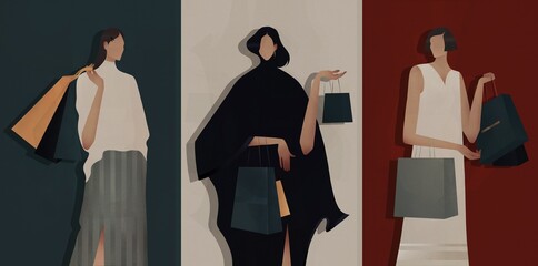 stylish girls with shopping bags on a colored background