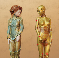 Futuristic fantasy teen girl with female gold cyborg