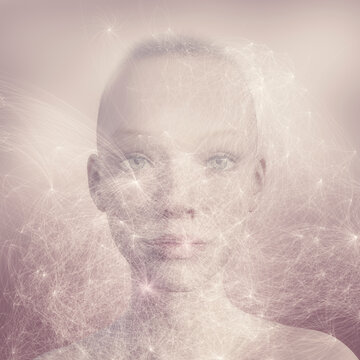 Sensual face with graphical digital web pattern