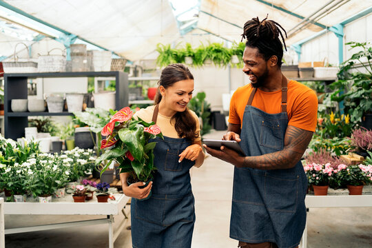 Portrait Of Coworkers Working In Plant Nursery