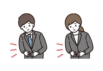 腹痛に悩むスーツ姿の若い男性と女性