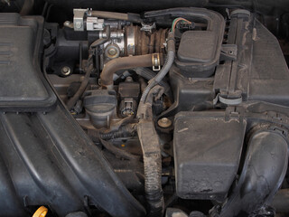 The car engine is dusty