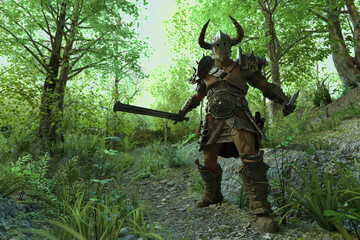Fantasy warrior with horned helmet and sword drawn in forest