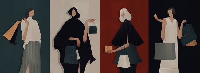 stylish girls with shopping bags on a colored background