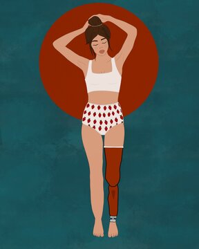 Handicapped woman in underwear doing hair