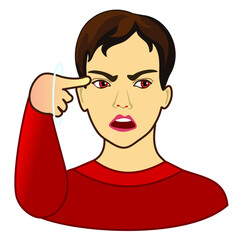 emoticon shows a screw loose or you're nuts gesture by twisting his finger around his temple, simplistic facial expression vector illustration, man character