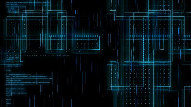 Blue background of matrix with binary code. Animation. Set of binary code in space.