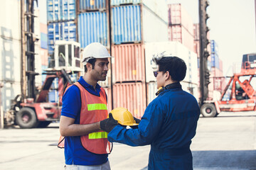 Foreman of container inspection workers prepare export products. Container Shipping Logistics Engineering of Import Export Transportation Industry