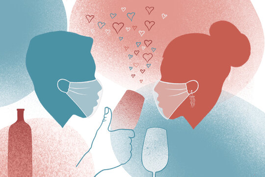 Anonymous couple dating with face masks