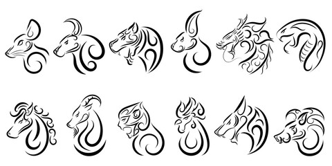 Fototapeta premium Set of twelve lunar zodiac horoscope symbol. Concept chinese happy new year. line art vector illustration of twelve animal.