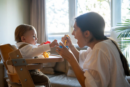 Young Mother Feeding To Her Baby At Home.