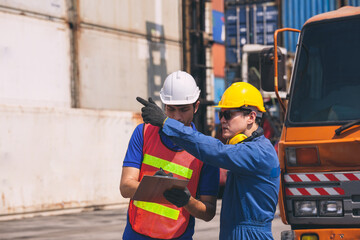 Foreman of container inspection workers prepare export products. Container Shipping Logistics Engineering of Import Export Transportation Industry