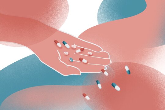 Pills falling from hand illustration