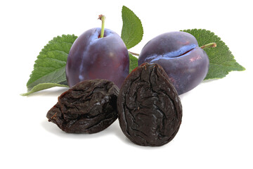 Dried and ripe fresh prunes isolated on white