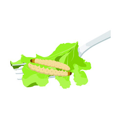 Food Insects: Bamboo worm or Bamboo Caterpillar insect deep-fried crispy for eating as food items on fork with vegetable, it is good source of protein edible for future. Entomophagy concept.