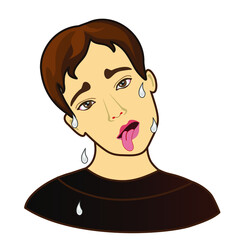 emoticon with a cool deadly man that sticks out his tongue, sweat flows from his forehead, color vector emoji on white isolated background