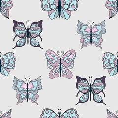 Beautiful butterflies. Seamless pattern. Pastel colors. Collection of isolated flat cartoon vector illustrations.