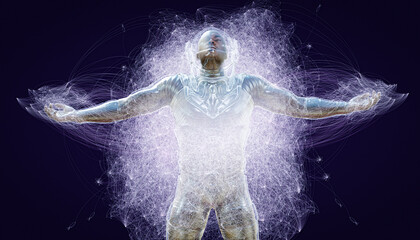 Astronaut with graphical overlay pattern and futuristic transparent space suit