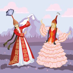 Vector image of two dancing girls in Kazakh national costume with ornaments on the background of a mountain landscape