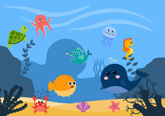Naklejka na ściany i meble Underwater Scenery and Cute Animal Life in the Sea with Seahorses, Starfish, Octopus, Turtles, Sharks, Fish, Jellyfish, Crabs. Vector Illustration