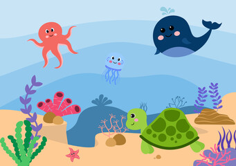 Fototapeta na wymiar Underwater Scenery and Cute Animal Life in the Sea with Seahorses, Starfish, Octopus, Turtles, Sharks, Fish, Jellyfish, Crabs. Vector Illustration