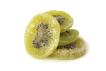 Four tasty slices dried kiwi isolated on white