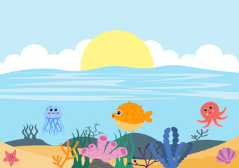 Fototapeta na wymiar Underwater Scenery and Cute Animal Life in the Sea with Seahorses, Starfish, Octopus, Turtles, Sharks, Fish, Jellyfish, Crabs. Vector Illustration