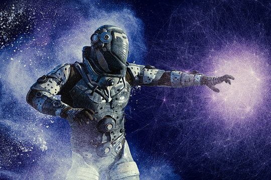 Futuristic astronaut reaching out towards graphical overlay pattern