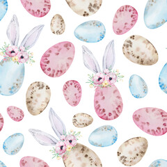 Easter watercolor seamless pattern. Easter colored eggs