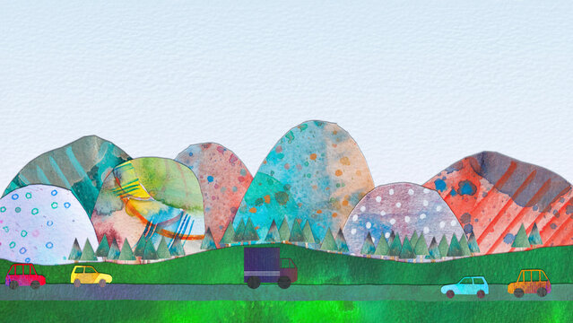The Journey, a watercolour collage of a road running past a colourful mountain range