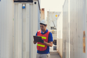 Foreman of container inspection workers prepare export products. Container Shipping Logistics Engineering of Import Export Transportation Industry