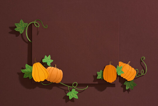 Autumn leaves and pumpkins lie on color background,