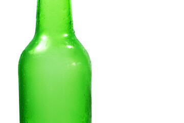 middle of an empty green beer bottle on a white background, vertical photo