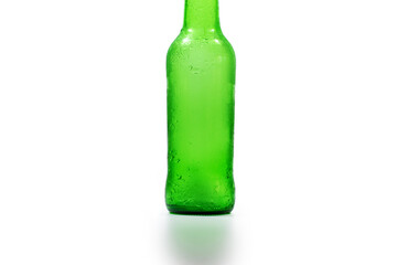 part of an empty green beer bottle on a white background, vertical photo