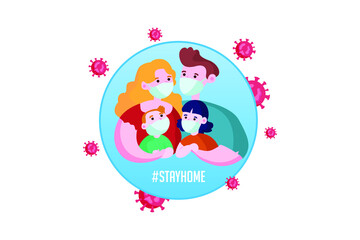 A family is social isolated with the slogan #stayhome.