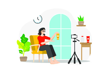 A woman sitting on a chair live streaming selling product from home