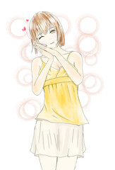 可愛くお願いする女性とハートマーク