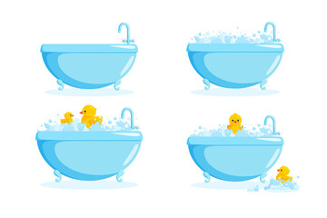 Bathtub with rubber duck in suds. Set with bathtubs and yellow ducks in bubbles and suds. Vector illustration in cartoon style