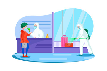 Passenger health check and disinfectant spraying at the airport, passenger wearing mask and the officer wearing hazmat suit